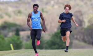 Daniel Nwaboi in full flight at training for the 100m