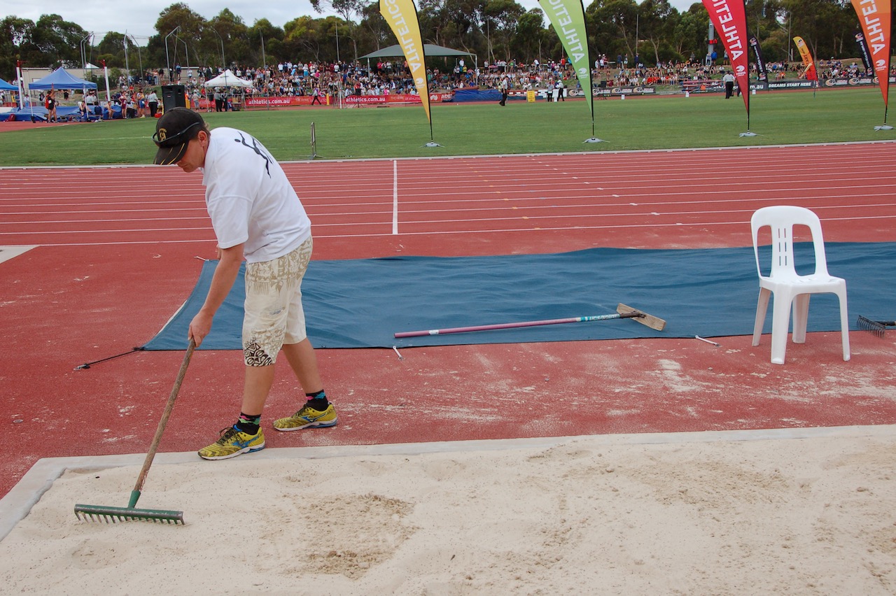 Canberra Sprint Coach, Steve Dodt, officiating at All Schools in the Triple Jump